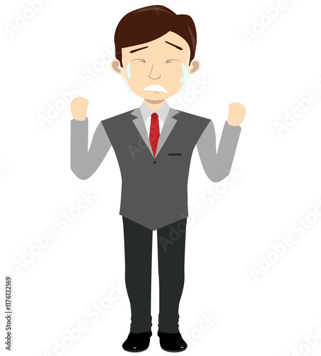 Cartoon Businessman Crying with Fists Clenched