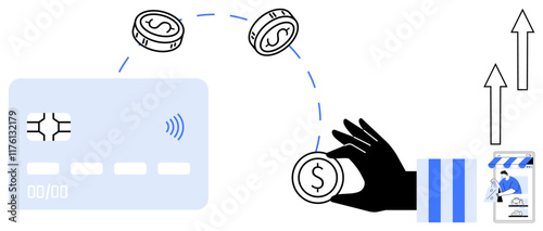 Blue card, black hand tossing coins, smartphone with financial app, upward arrows. Ideal for cashless transactions, online payments, e-commerce, modern banking, financial tech digital economy