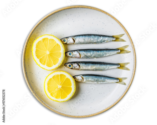 Obraz na płótnie Fresh sardines with lemon slices on plate w salonie