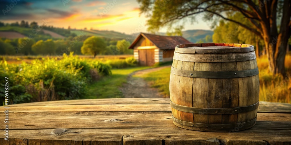 Weathered wooden table with a old barrel as background, rustic decor, rural landscape Weathered wooden table with a old barrel as background, rustic decor, rural landscape