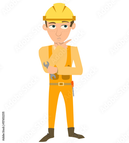 Cartoon Repairman Thinking with Wrenches