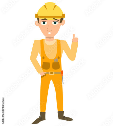 Cartoon Construction Worker with Finger Pointing Up

