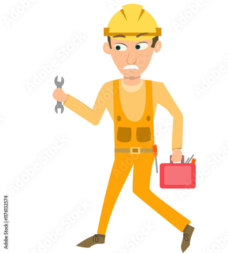 Cartoon Mechanic Walking with Wrench and Toolbox