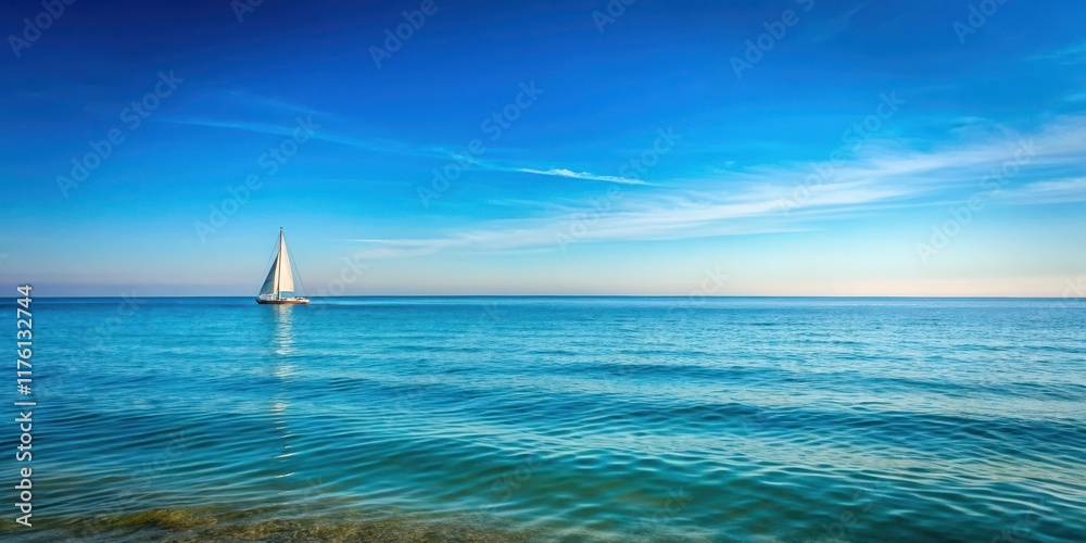 Obraz premium A serene ocean scene with a clear blue sky and sailboat on horizon, outdoor, peaceful, outdoor, peaceful, sailboat, buoy, sailing, boat