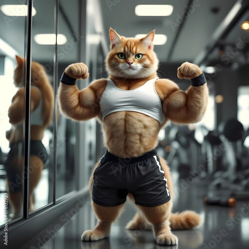 Funny muscular cat flexing in gym.