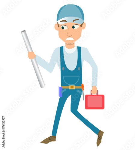 Cartoon Plumber Walking Away Angrily with Pipe and Toolbox