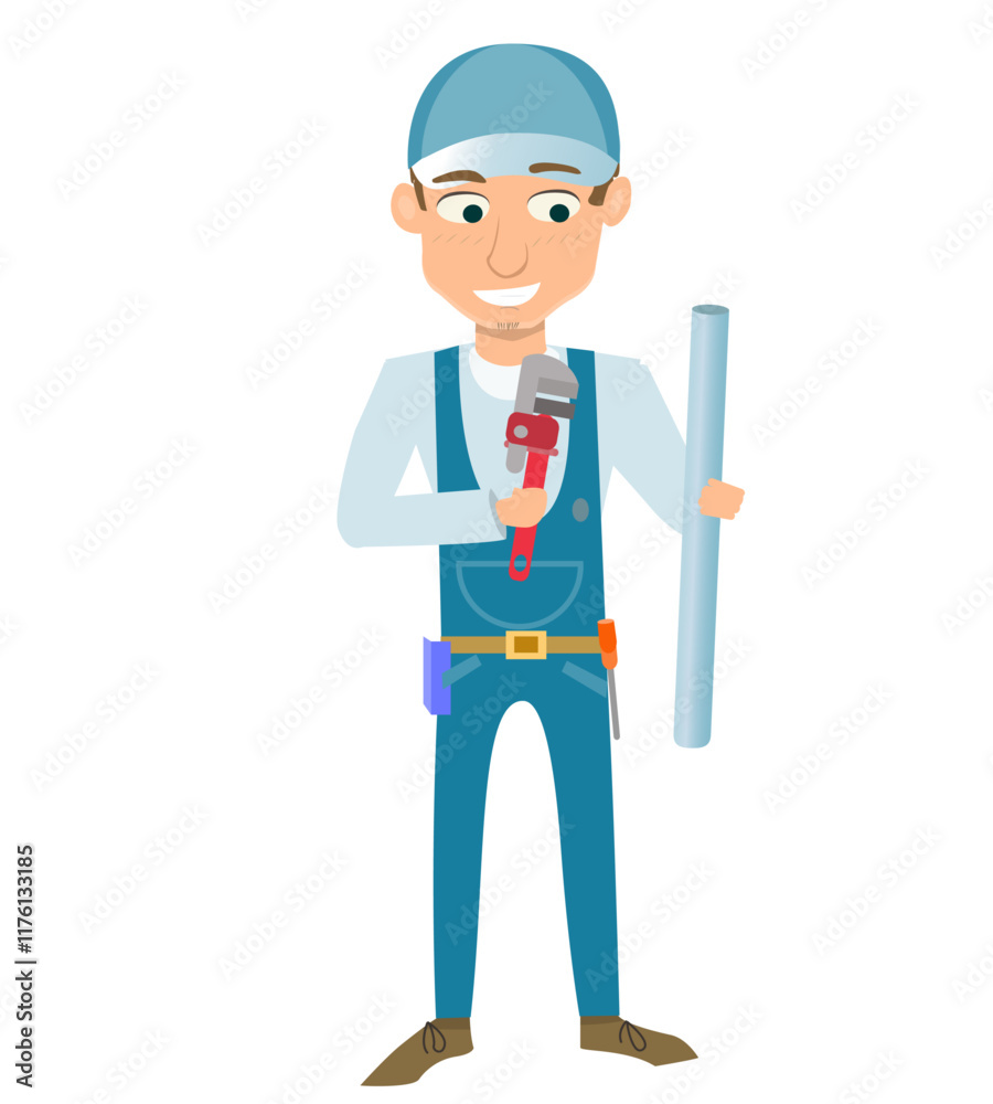 Cartoon Plumber Holding Adjustable Wrench and Pipe
Cartoon Plumber Holding Adjustable Wrench and Pipe