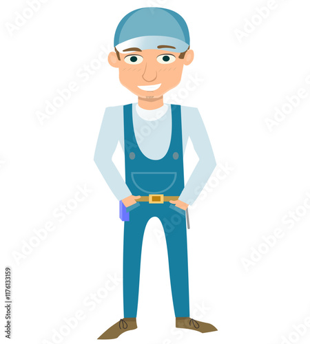 Cartoon Plumber with Hands on Hips Smiling