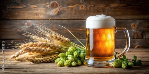 A freshly brewed beer mug with a generous head of foamy white beer and floating green hop buds amidst delicate wheat ears on a wooden table top , brew, wheaty background photo