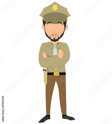 Sad Cartoon Police Officer with Arms Crossed and Tear