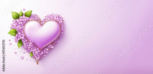 Valentine's day background with heart made of lilac flowers and green leaves. Background with copy space