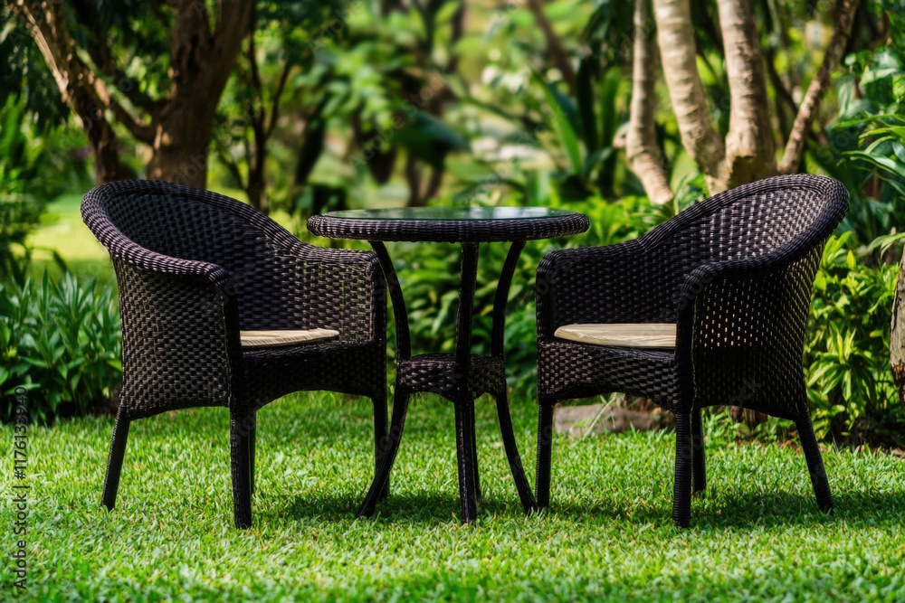 Cozy outdoor seating area in a lush garden surrounded by greenery, inviting relaxation and conversation during a sunny day Cozy outdoor seating area in a lush garden surrounded by greenery, inviting relaxation and conversation during a sunny day