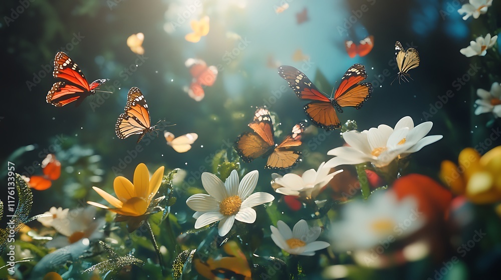 Enchanted Butterfly Garden: A Dreamlike Scene of Vibrant Butterflies Dancing Amongst Blooming Flowers Enchanted Butterfly Garden: A Dreamlike Scene of Vibrant Butterflies Dancing Amongst Blooming Flowers