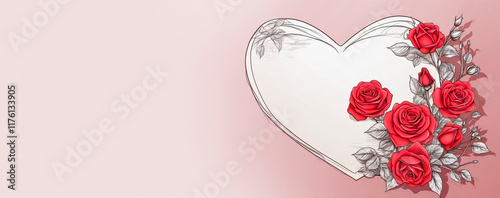 White drawn heart with scarlet roses on a pink soft background. Background with copy space