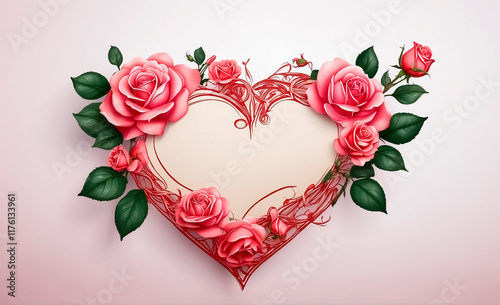 Illustration of a red heart made of roses with green leaves.