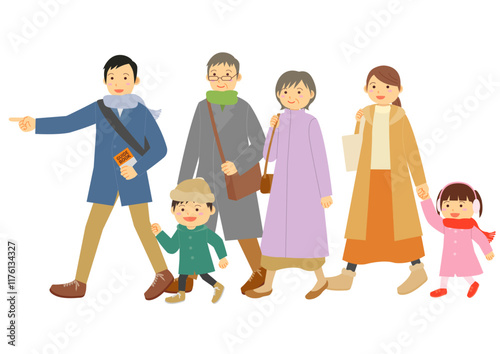 冬に観光をする6人の家族のイラストのイメージ
