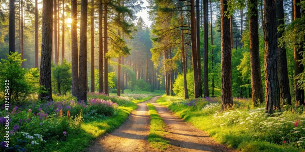 Obraz premium A serene forest landscape with tall trees and a winding dirt path leading into the distance, surrounded by lush greenery and vibrant wildflowers , concept, woods