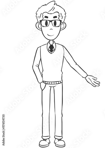 Monochrome Cartoon Intellectual Man Showing Direction