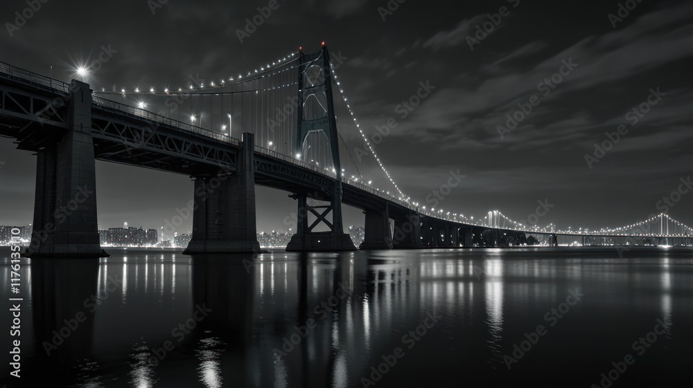 Obraz premium A dramatic monochrome view of a suspension bridge at night, spanning a calm river, reflecting city lights.