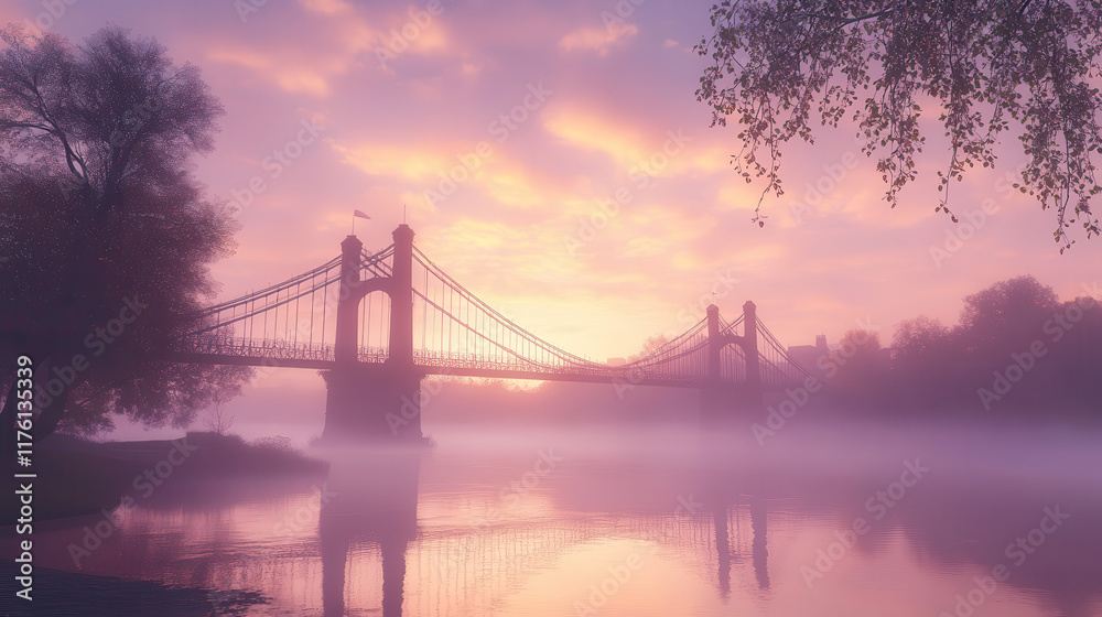 Fototapeta premium A cinematic view of a suspension bridge shrouded in a soft morning mist, with a warm pastel sky blending peach and lavender hues, early spring foliage sprouting on nearby trees
