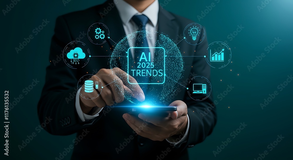 Future AI Trends for 2025 .A Man holding smartphone virtual screen displays analytics ,cloud computing ,automation ,data management ,business strategies growth ,security ,data storage and technology Future AI Trends for 2025 .A Man holding smartphone virtual screen displays analytics ,cloud computing ,automation ,data management ,business strategies growth ,security ,data storage and technology