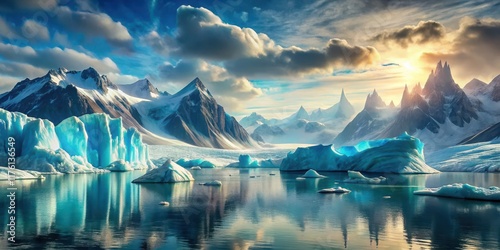 Berglandschaft mit Eisbergen und Wasserfarben im Aquarell Stil, zeigt die Sch?nheit der alpinen Natur , landscape, natur photo