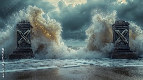 Dramatic and powerful stormy ocean waves crashing against a weathered and dilapidated pier structure amidst a moody turbulent sky  The scene showcases the raw intense power of nature s force