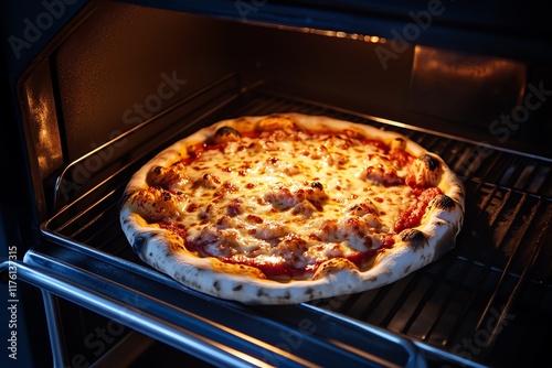 Delicious cheese pizza baking in an oven with a golden, crispy crust.