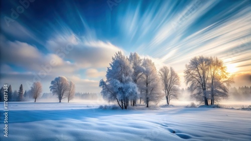 Frozen landscape with snow-covered trees and a misty sky, blurred by camera motion, landscape, frozen,  landscape, frozen