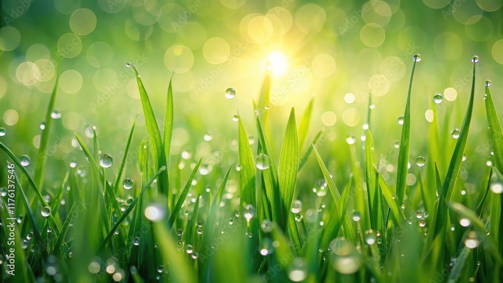 Fototapeta premium Softly lit lush green grass with subtle dew drops on its surface amidst a gentle spring breeze, fresh green grass