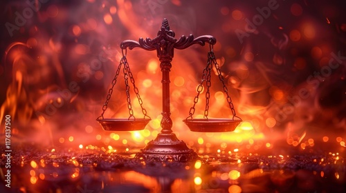 Scales Of Justice On Fire Background. Concept Of Justice, Law, Equality And Legal System.