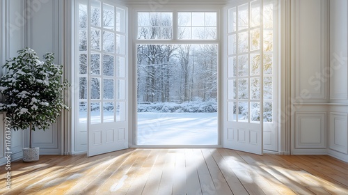 Open white double doors reveal heavy snowfall scene, showcasing winter wonderland view from modern interior with wooden floor and pristine walls in peaceful atmosphere.