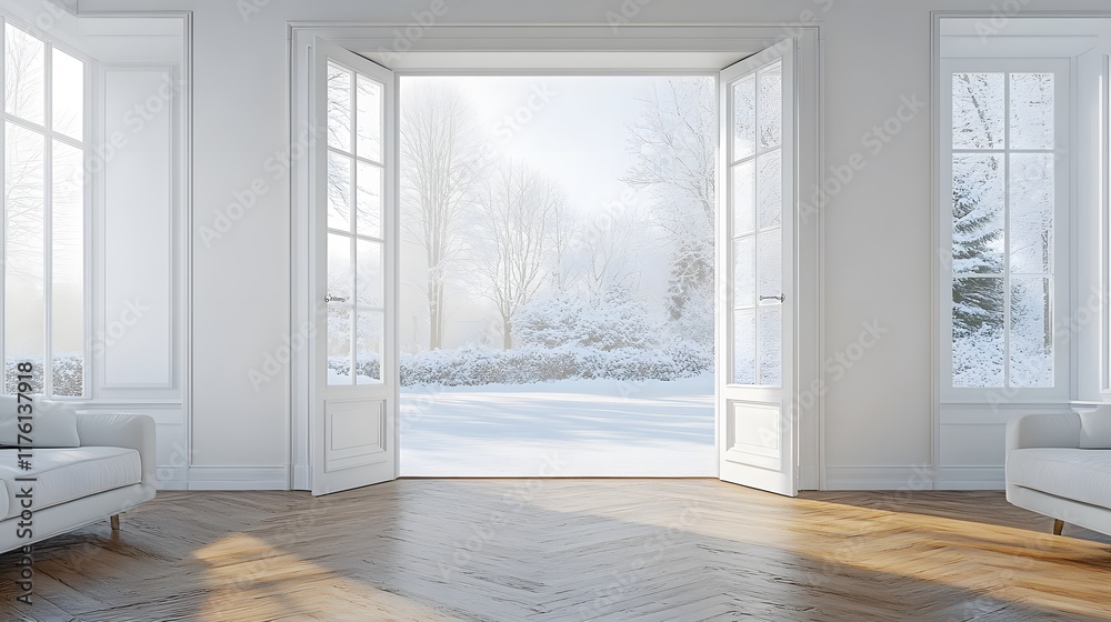 Fototapeta premium Open white double doors reveal heavy snowfall scene, showcasing winter wonderland view from modern interior with wooden floor and pristine walls in peaceful atmosphere.