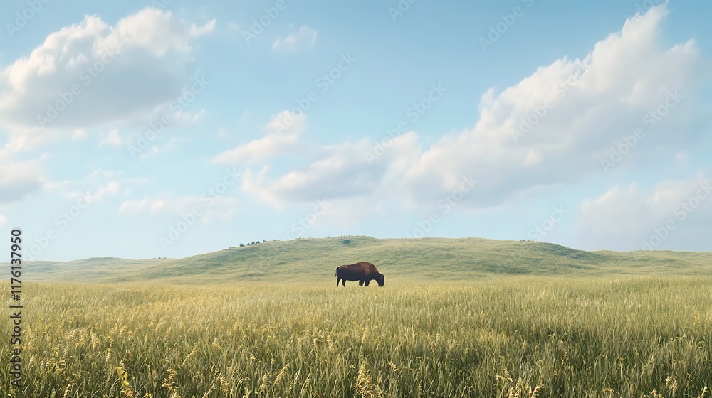 Solitary Bison in the Vast Prairie Under a Sky Full of Clouds Solitary Bison in the Vast Prairie Under a Sky Full of Clouds