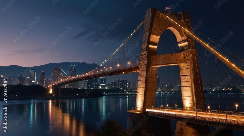 Fototapeta premium Night cityscape with illuminated suspension bridge.
