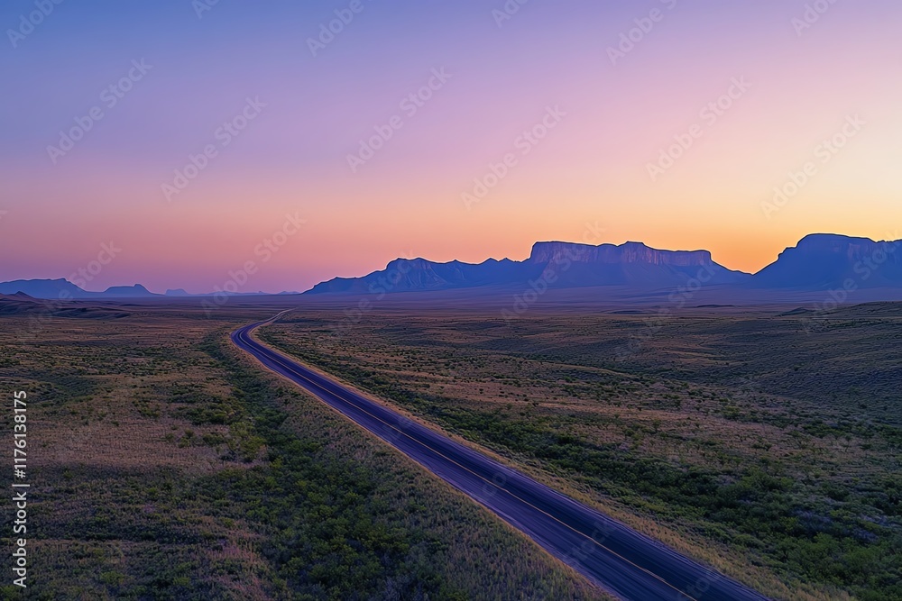 Fototapeta premium Desert road at dusk with vibrant colorful sky and distant mountains.