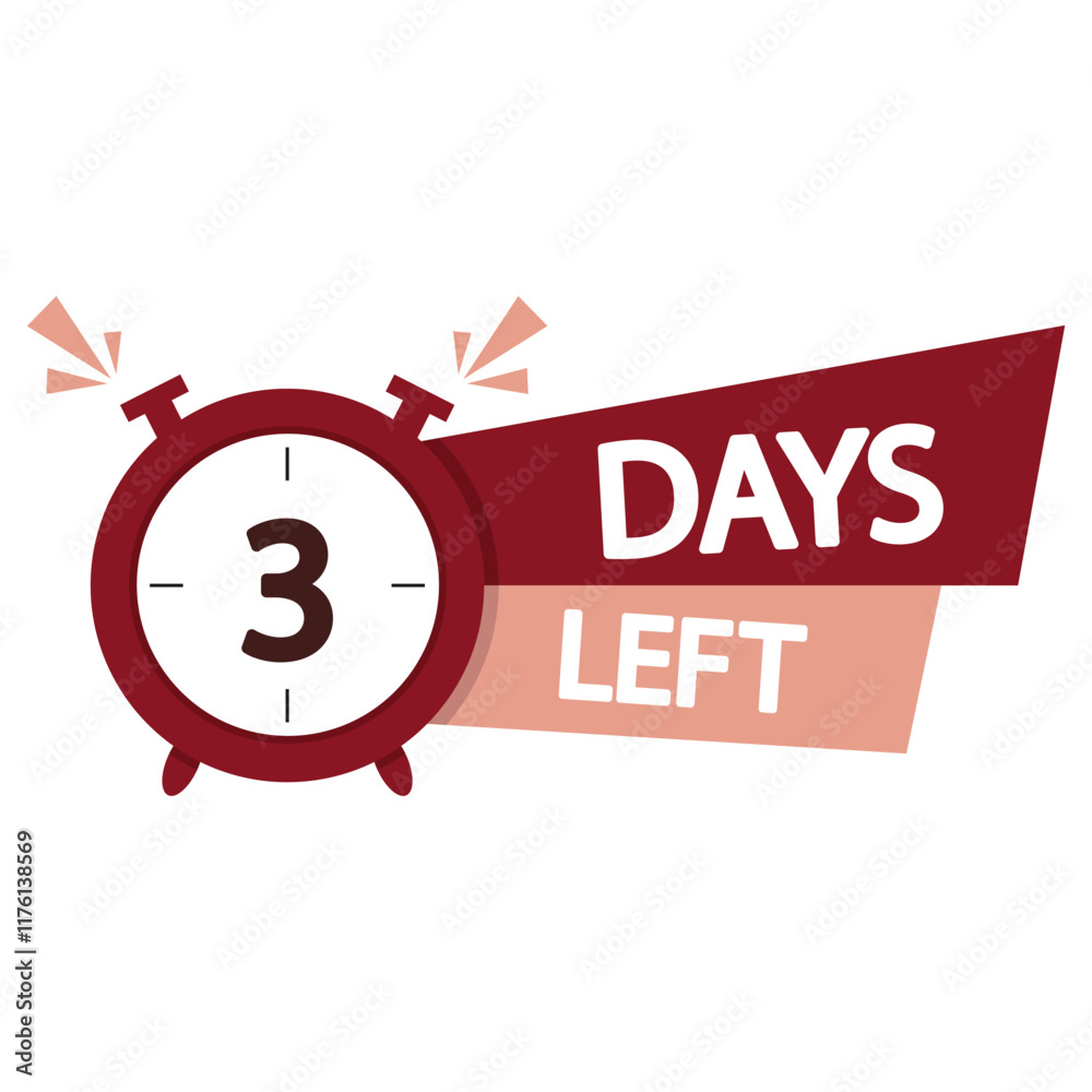 Countdown timer illustration. Bold 3 days left. Red and white text. Event announcement vector. Countdown timer illustration. Bold 3 days left. Red and white text. Event announcement vector.