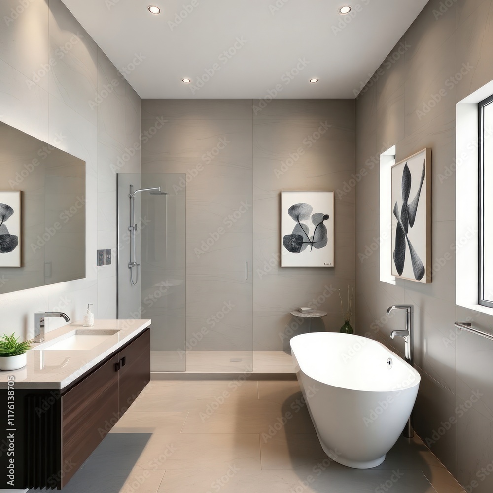 a sleek and modern bathroom characterized by minimalist design and elegant finishes. Bathtub. Shower Area. Vanity. Mirrors. Artwork. Lighting. Color Scheme. 

