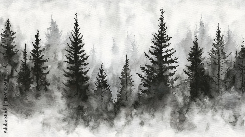 Obraz premium Misty forest: Monochrome watercolor painting of tall pines shrouded in fog.