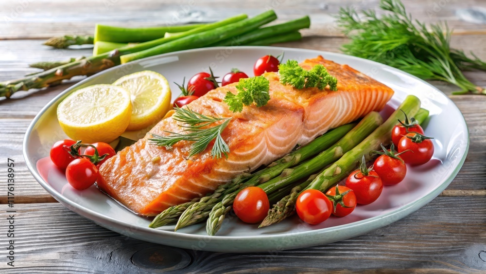Baked salmon fillet served on a plate with asparagus spears and cherry tomatoes Baked salmon fillet served on a plate with asparagus spears and cherry tomatoes