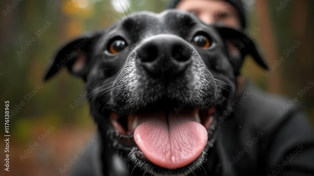 A happy black dog with a bright expression showcases joy in nature, embodying the connection between pets and their companions in an outdoor setting filled with beauty. A happy black dog with a bright expression showcases joy in nature, embodying the connection between pets and their companions in an outdoor setting filled with beauty.