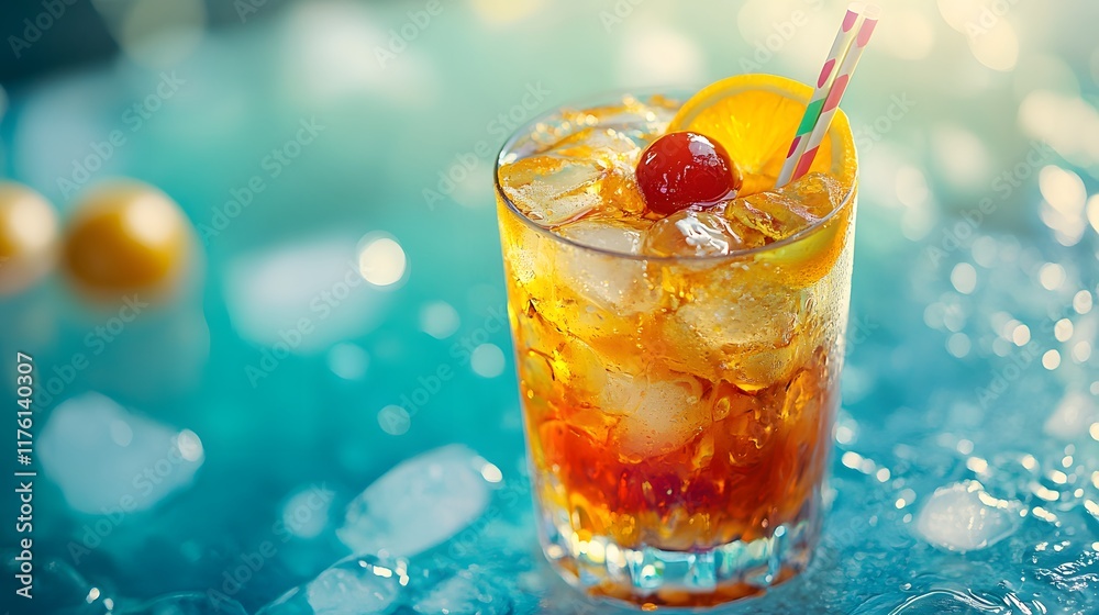 Tropical cocktails positioned by poolside feature colorful summer drinks with garnishes, presented against blurred swimming pool background with bokeh effects in resort atmosphere. Tropical cocktails positioned by poolside feature colorful summer drinks with garnishes, presented against blurred swimming pool background with bokeh effects in resort atmosphere.