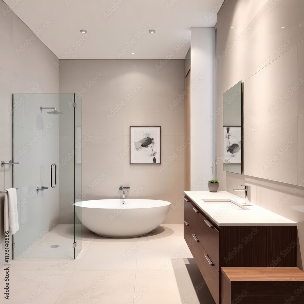 a sleek and modern bathroom characterized by minimalist design and elegant finishes. Bathtub. Shower Area. Vanity. Mirrors. Artwork. Lighting. Color Scheme.
a sleek and modern bathroom characterized by minimalist design and elegant finishes. Bathtub. Shower Area. Vanity. Mirrors. Artwork. Lighting. Color Scheme.