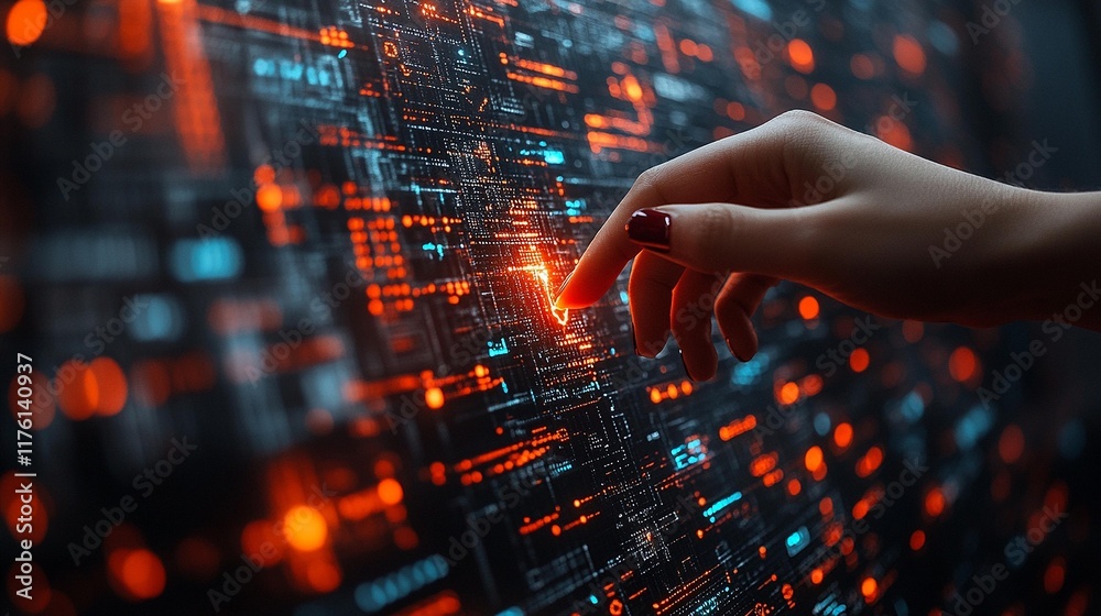 Digital Fingertip Exploring a Glowing Cybernetic Landscape