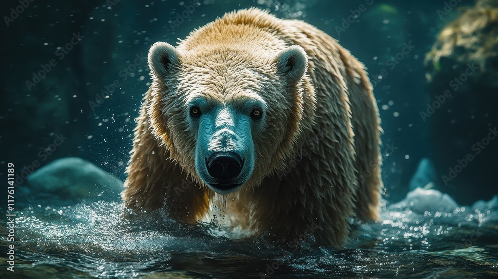 Obraz premium A Magical Underwater Scene with a Polar Bear Swimming Through Arctic Glow