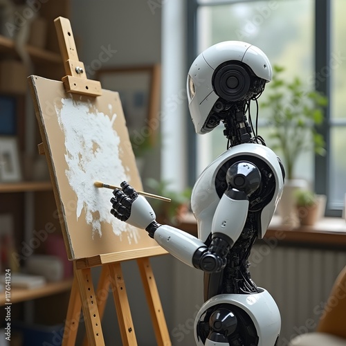 A robotic artist creates abstract modern art, showcasing the future of creativity.  The robot's precision and dexterity are remarkable.