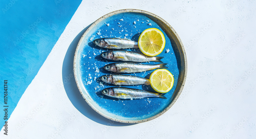 A blue plate with fresh sardines, lemon slices, and sea salt on a vibrant blue and white background.