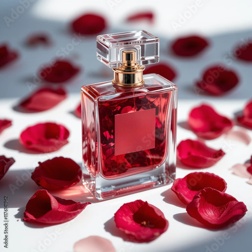 Mockup diseño de producto frasco de colonia perfume de rosas con spray dosificador