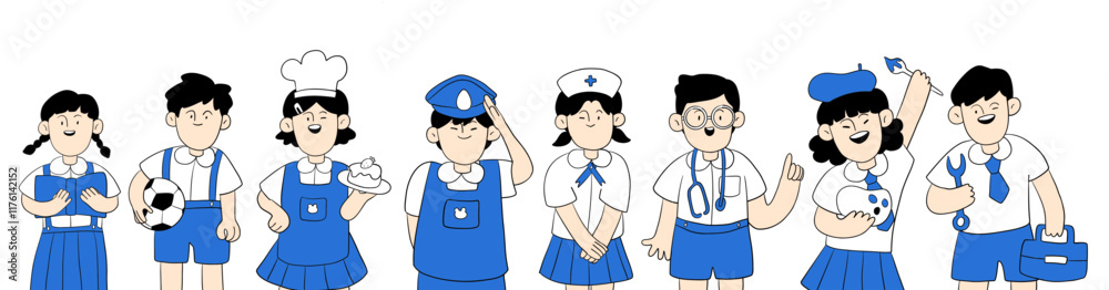 Cartoon kids of different professions, children in School uniform. Cartoon kids of different professions, children in School uniform.