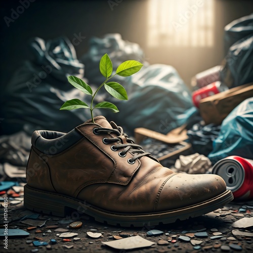 A small sprout grows in an old, discarded boot amongst trash, highlighting the resilience of nature amidst waste.  Can we create a more sustainable future for our planet?
